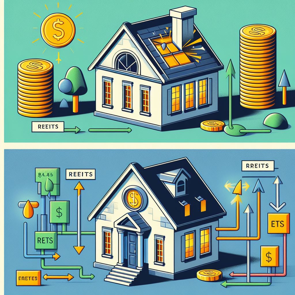 A visually cohesive image outlining the journey of capital from investors to diversified real estate holdings, culminating in the distribution of dividends. The scene emphasizes the financial success and stability achieved through the revenue streams of REITs.