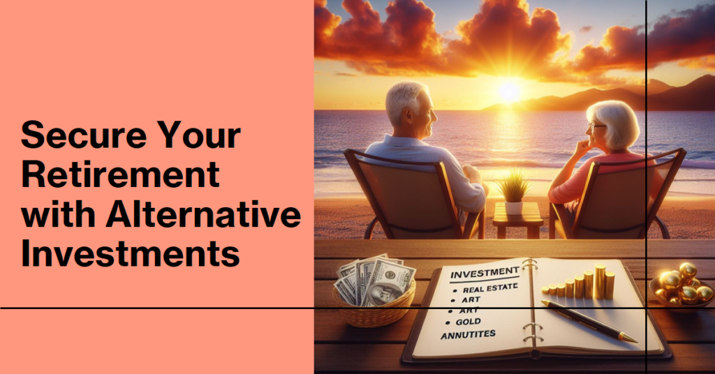 Retired couple enjoys the golden years relaxing beachside at sunset after securing their finances through alternative investment opportunities like real estate, precious metals, and annuities depicted in their notebook on the table. A picturesque coastal scene glows behind them as the sun dips into the sea, matching the bright outlook of their retirement after making savvy investment moves.

