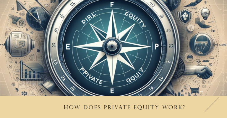 A compass surrounded by icons representing fund-raising, deal sourcing, asset management, and successful exits, symbolizing navigating the complex landscape of private equity investments.