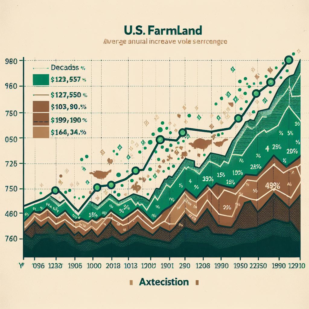 Line graph displaying average annual percentage increase in US farmland values each decade from 1950 to 2020.